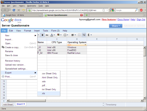 Google Docs Export to Excel